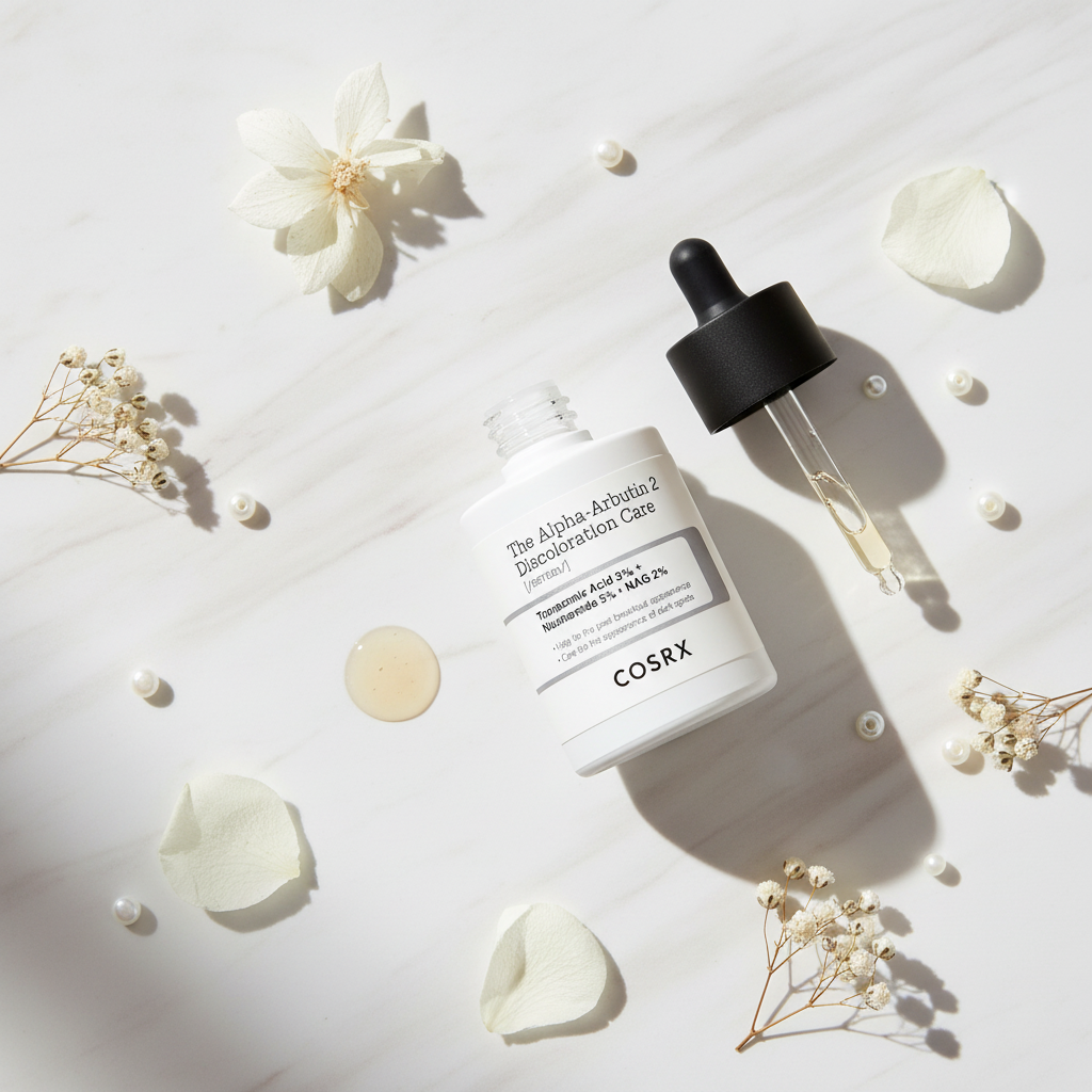 COSRX Alpha-Arbutin 2 Discoloration Care Serum lifestyle flat lay on white marble with pearl beads and white flowers
