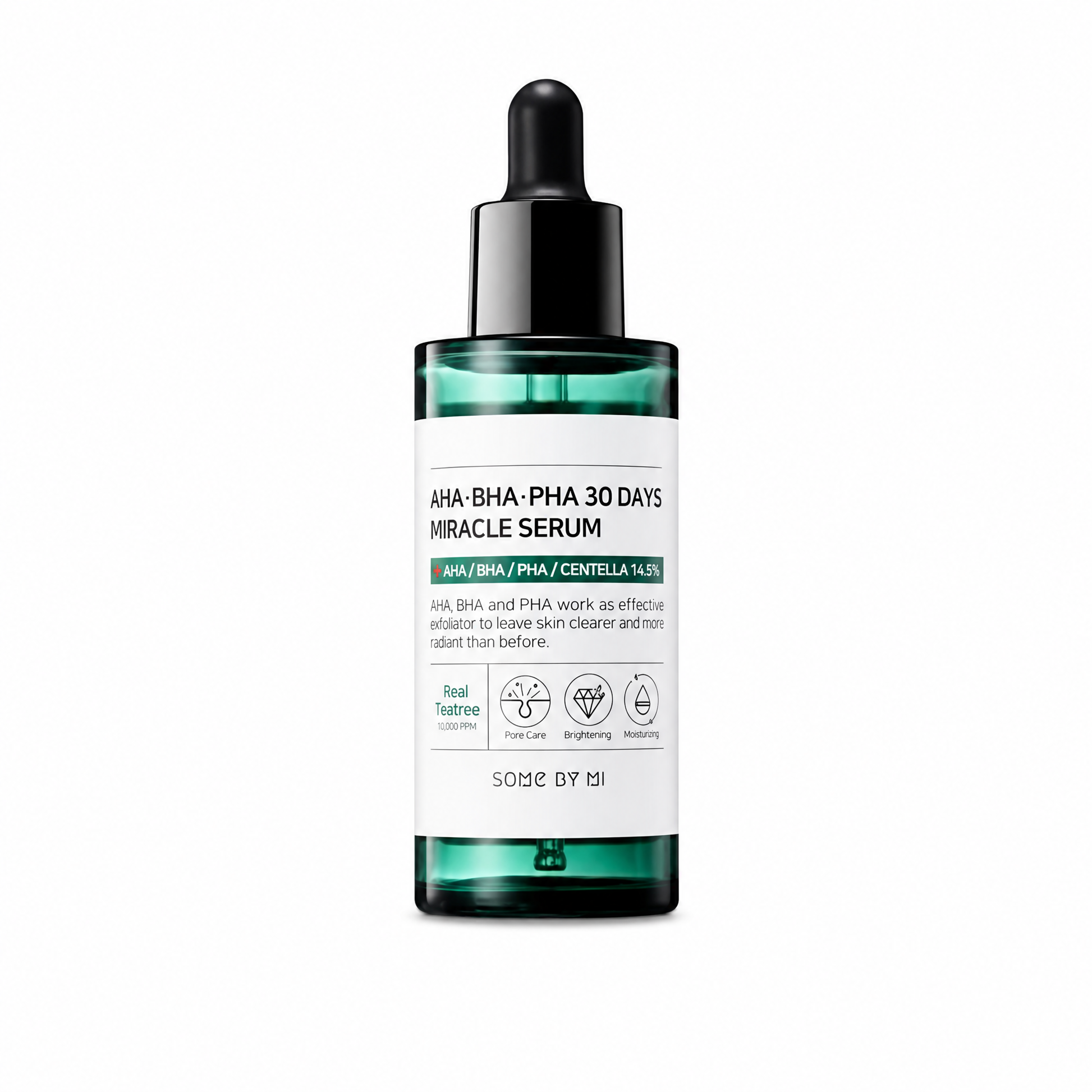 Skincare serum bottle with dropper labeled 'AHA-BHA-PHA 30 Days Miracle Serum' on a white background
