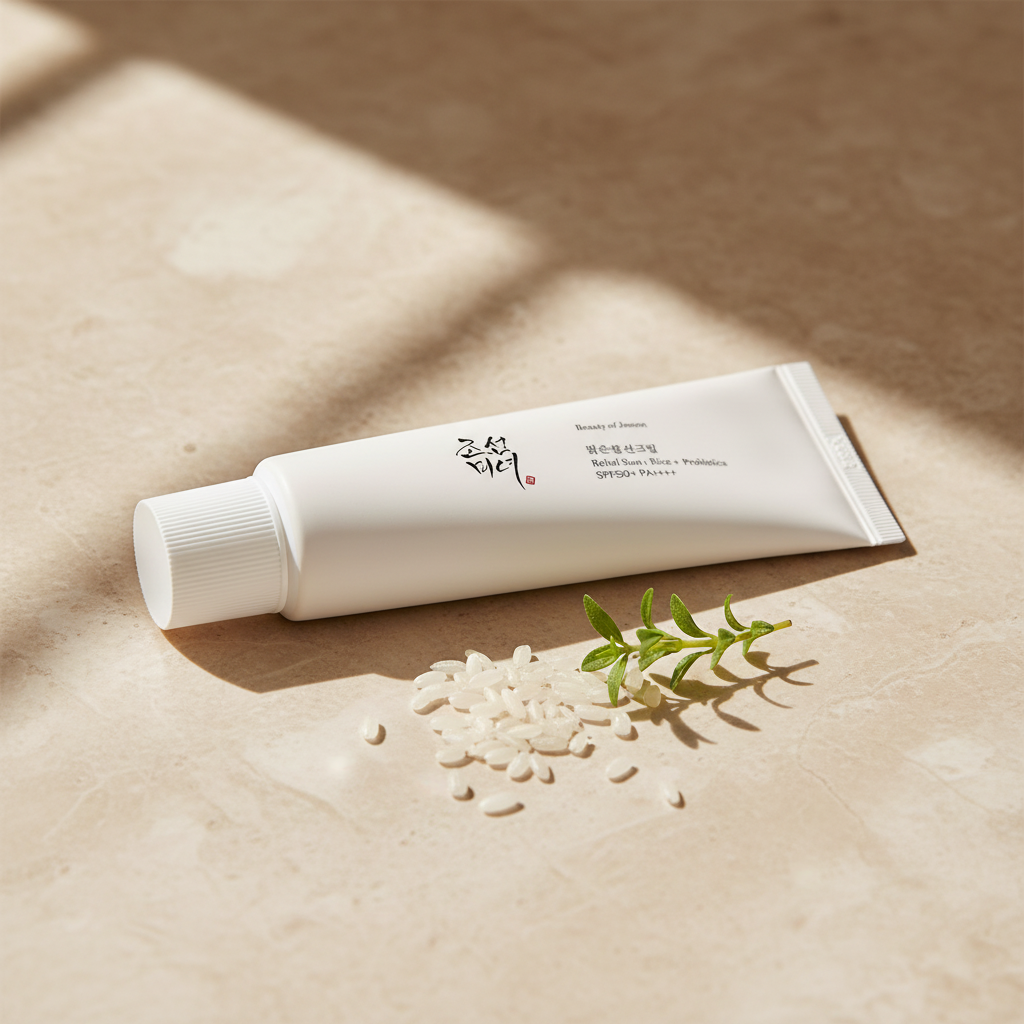 Beauty of Joseon Relief Sun Rice + Probiotics SPF50+ lifestyle flat lay on marble