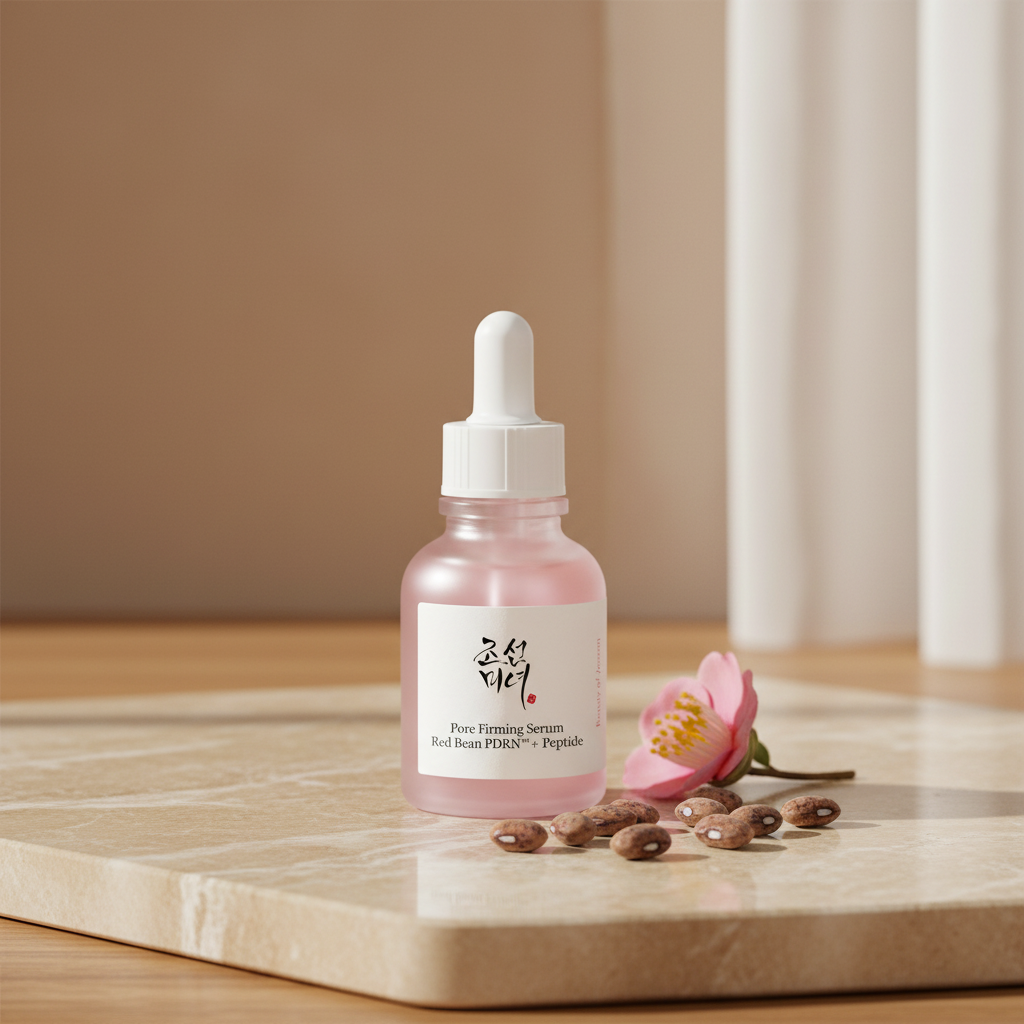 Beauty of Joseon Pore Firming Serum lifestyle flat lay with dried red beans and pink flower
