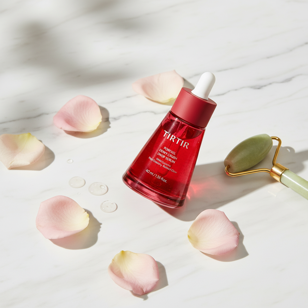 TIRTIR Porexel Dewy Crush Drop Serum lifestyle flat lay on marble with rose petals