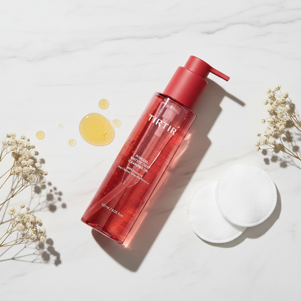 TIRTIR Porexel Watery Deep Cleansing Oil lifestyle flat lay on white marble with golden oil drops and dried white flowers