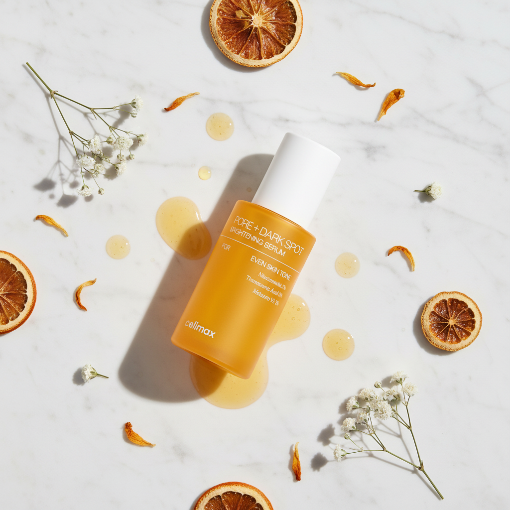 Celimax Pore+ Dark Spot Brightening Serum lifestyle flat lay on white marble with golden serum drops and dried botanicals