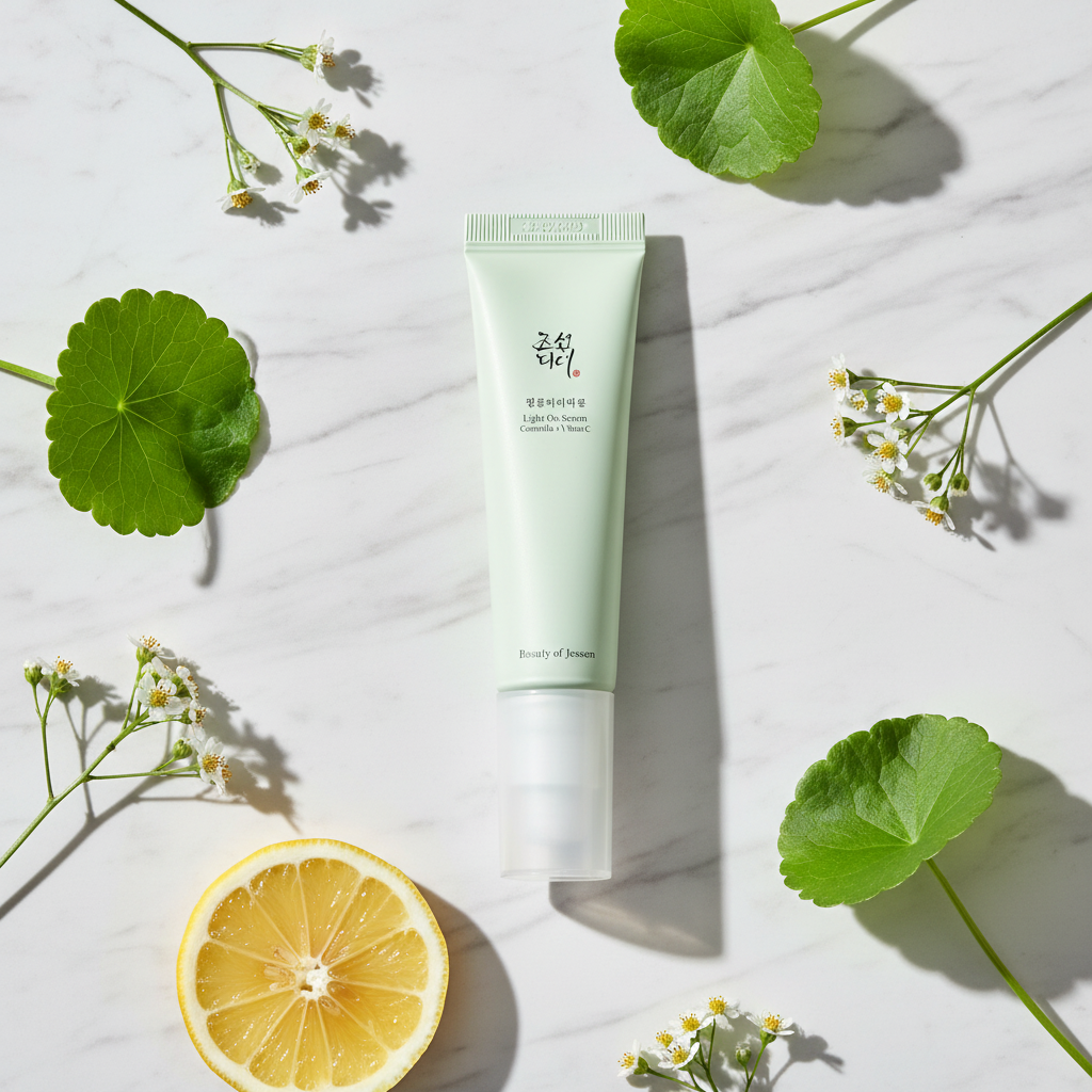 Beauty of Joseon Light On Serum Centella Vitamin C lifestyle flat lay on white marble with centella leaves and lemon slice