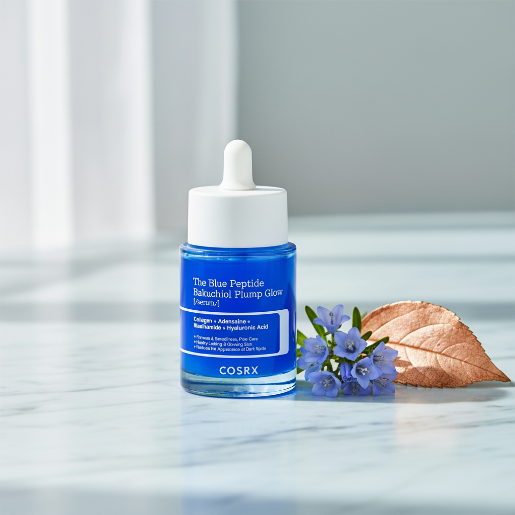COSRX The Blue Peptide Bakuchiol Plump Glow Serum lifestyle flat lay on blue marble