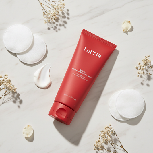 TIRTIR Porexel Sebum Control Mud Foam lifestyle flat lay on white marble with cotton pads and botanicals
