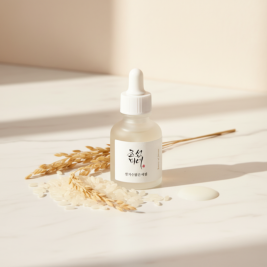 Beauty of Joseon Glow Deep Serum Rice Alpha-Arbutin lifestyle flat lay on white marble with rice grains and dried flowers