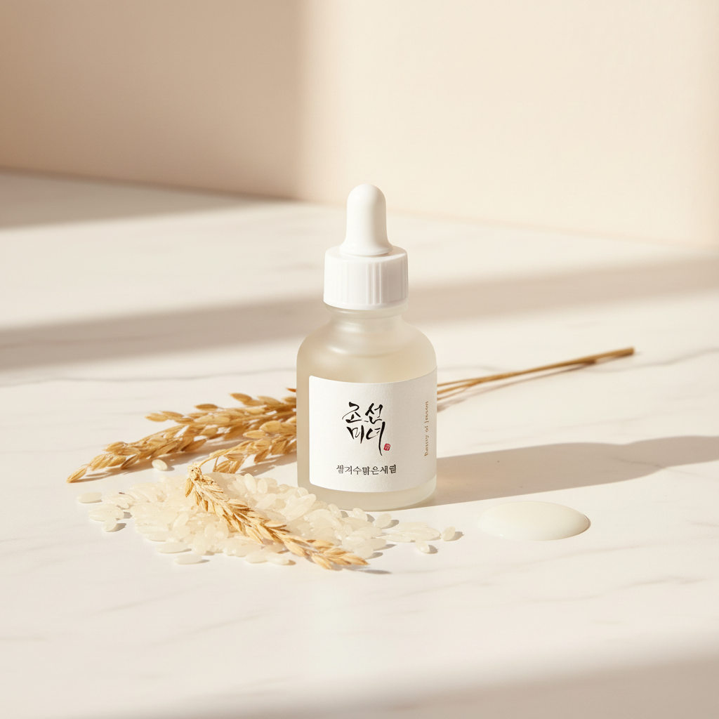 Beauty of Joseon Glow Deep Serum Rice Alpha-Arbutin lifestyle flat lay on white marble with rice grains and dried flowers
