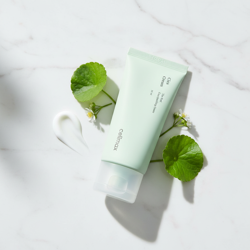 Celimax The Real Cica Soothing Cream lifestyle flat lay on white marble with centella asiatica leaves and white flowers