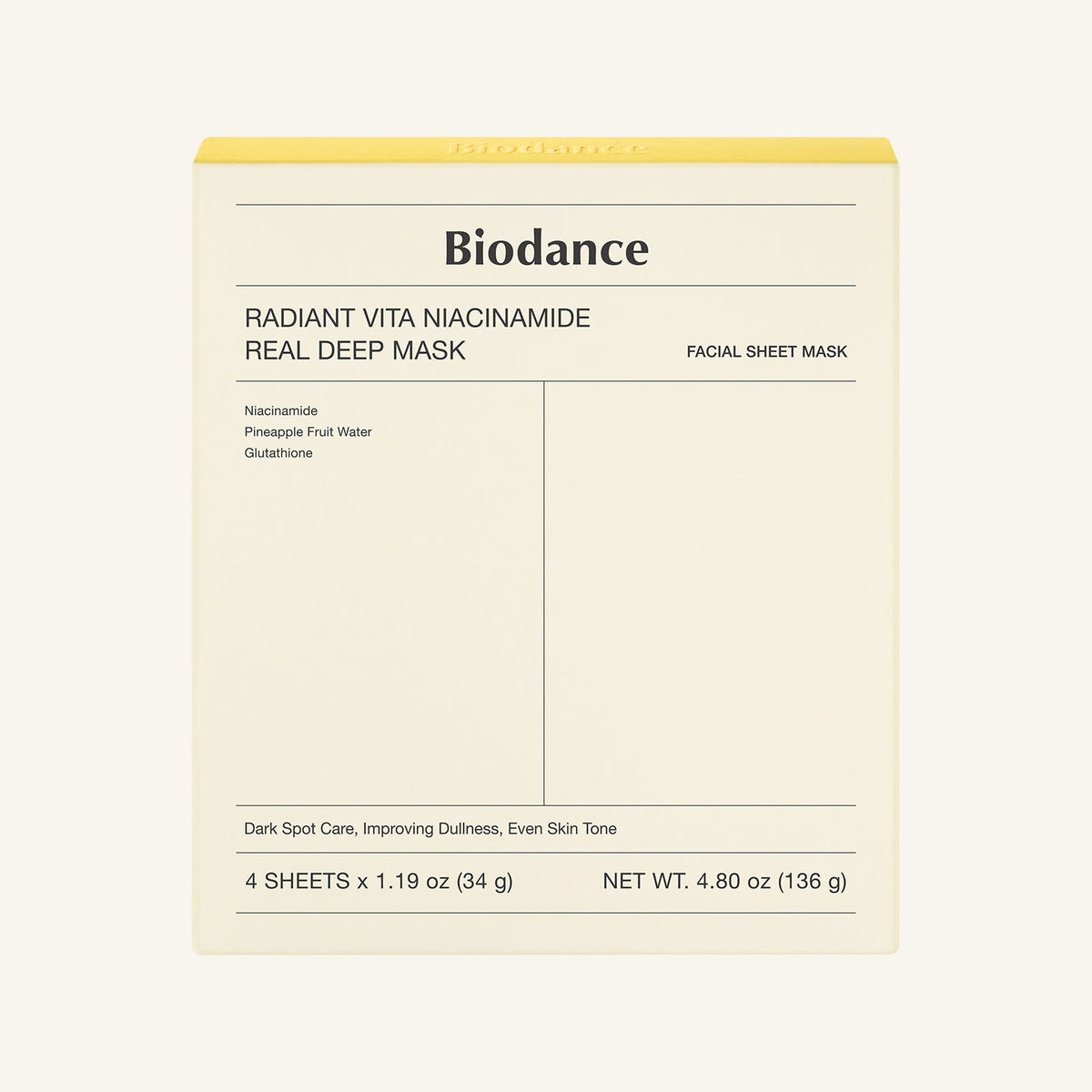 Biodance Radiant Vita Niacinamide Real Deep Mask 4 sheets pack - K-Beauty brightening sheet mask 