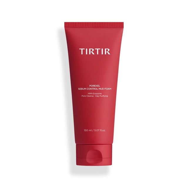 Product imageTIRTIR Porexel Sebum Control Mud Foam lifestyle flat lay on white marble with cotton pads and botanicals