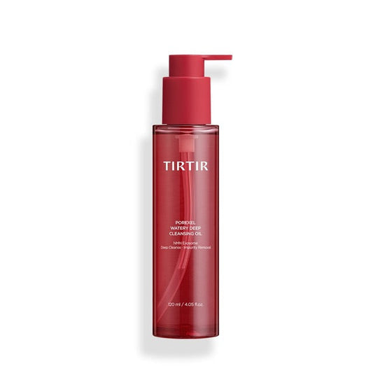 Product imageTIRTIR Porexel Watery Deep Cleansing Oil lifestyle flat lay on white marble with golden oil drops and dried white flowers