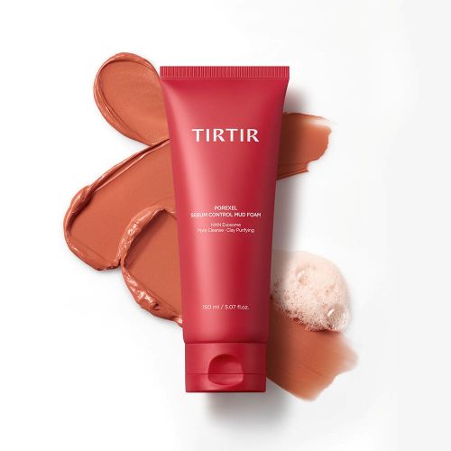 Product imageTIRTIR Porexel Sebum Control Mud Foam lifestyle flat lay on white marble with cotton pads and botanicals